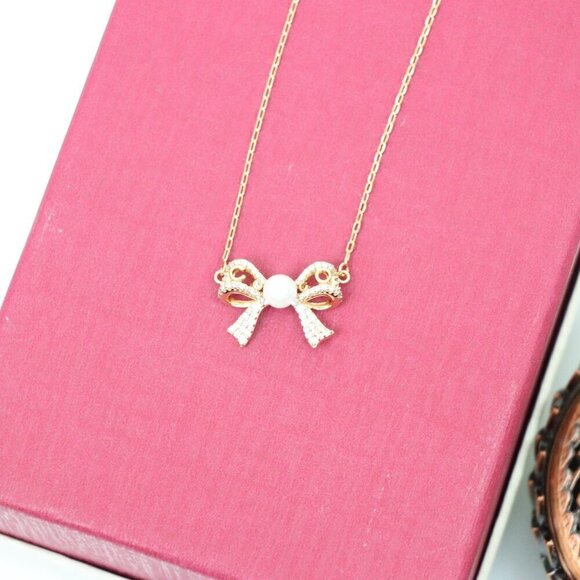 Rose Gold Bow Pendant Necklace with Pearl and Crystals , XPNL0171 - Picture 3 of 13